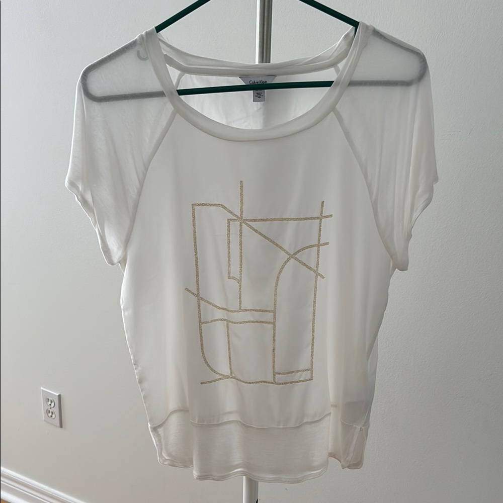 Calvin Klein White Sheer Short Sleeve Top with Gold Geometric Detail
